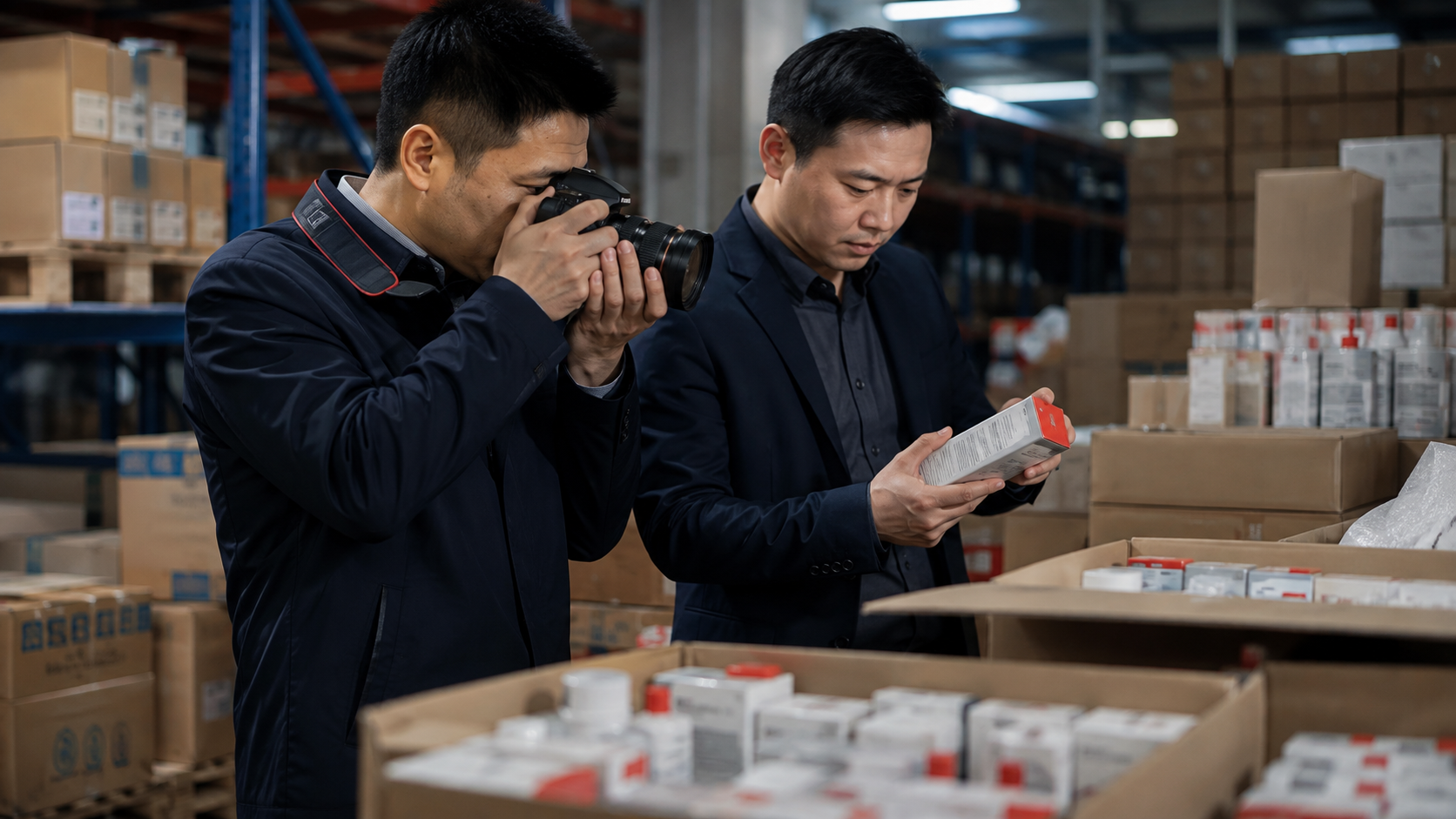 调查人员在仓储现场核验商品并拍照固定线索